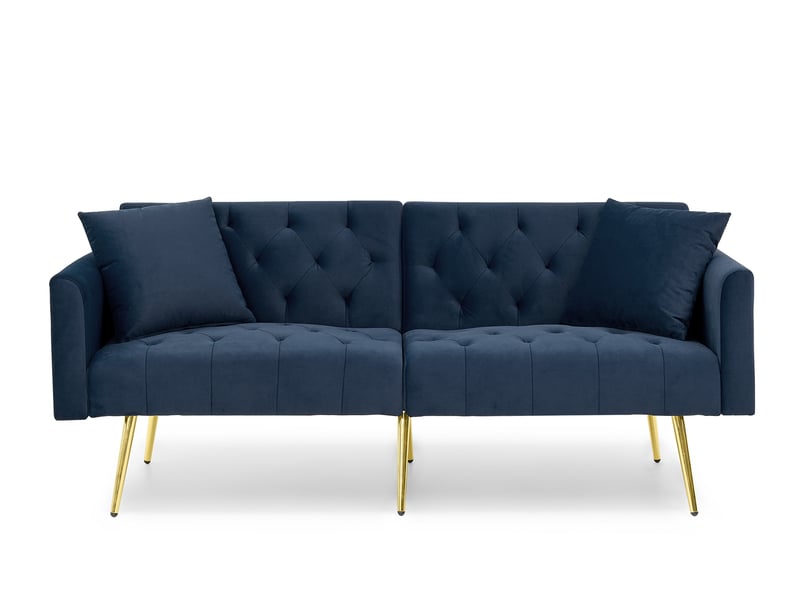  Canapé convertible 2 places 177x78x74 cm bleu en velours, dossier réglable 3 positions et 2 coussins  - Conforama A
