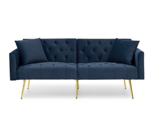 Canapé convertible 2 places 177x78x74 cm bleu en velours, dossier réglable 3 positions et 2 coussins