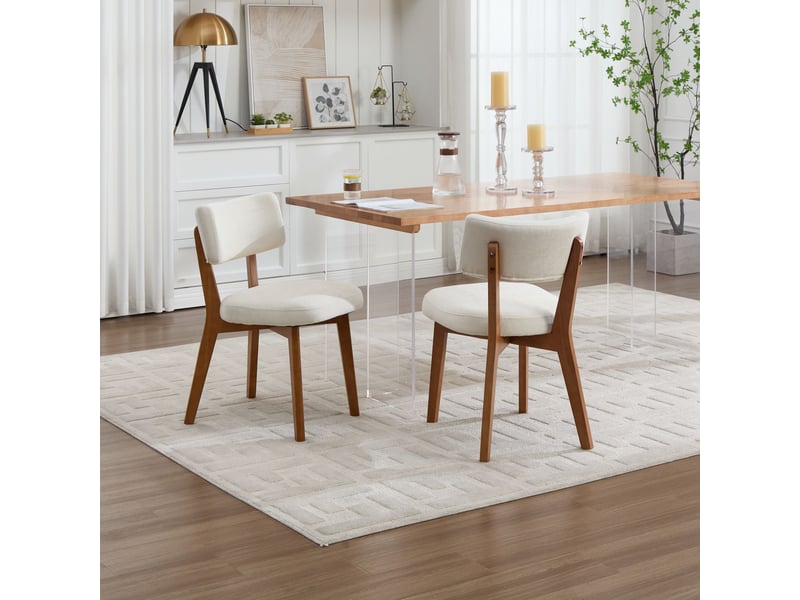 Chaise de salle à manger style mid-century moderne pieds en bois massif assise rembourrée en tissu revêtement en lin beige - Conforama B