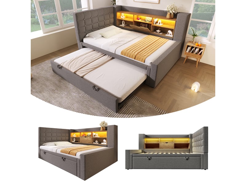 Lit banquette 90x200 cm avec lit gigogne 90x190, en lin gris, tête de lit en l avec rangement, led et ports usb pour chambre. - Conforama D