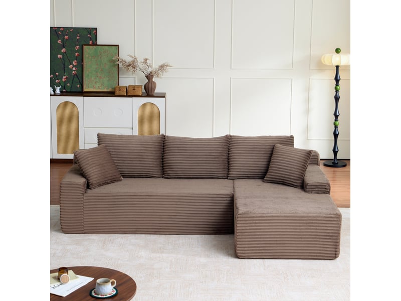 Canapé d’angle modulable droit compressé 4 places en mousse et velours côtelé couleur marron, style moderne - Conforama B