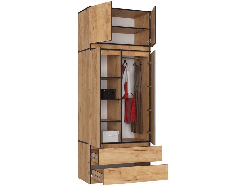  Armoire avec surmeuble akord s90 chêne craft 90 cm 2 portes 2 tiroirs façade chêne craft 6 étagères 90x51x234 cm  - Conforama B