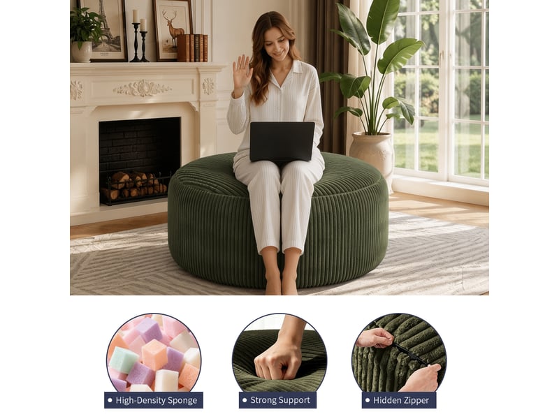 Fauteuil pouf rond avec mousse à mémoire de forme pour salon, chambre et bureau, en velours côtelé vert - Conforama C