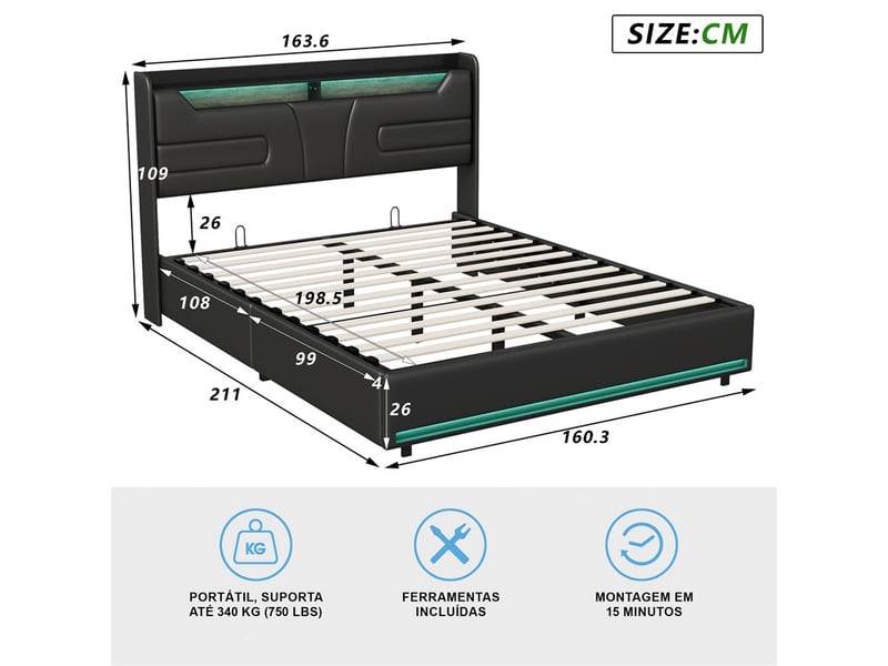  Lit 160x200cm - lit coffre 160x200cm - tête de lit avec led prises usb et sommier relevable - pu noir  - Conforama E