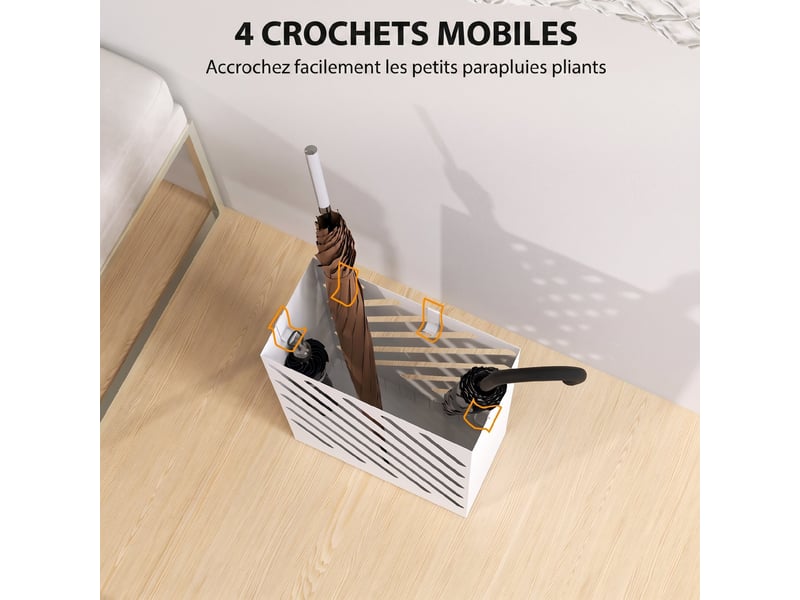 Porte-parapluie en acier rectangulaire, blanc, support pour parapluies avec 4 crochets et bac d'égouttement amovible  - Conforama E