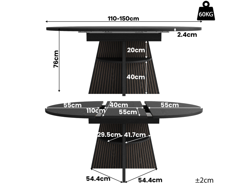  Table à manger extensible 110-150x110x76 cm, rangement ouvert, coins arrondis sur plateau épais, panneau aggloméré noir, destination salon  - Conforama C