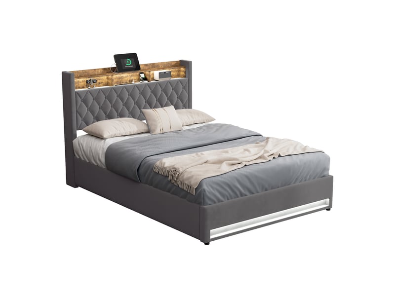  Lit coffre enfant 140x190 cm avec led, port usb, sommier et espace de rangement, velours, gris, sans matelas  - Conforama A
