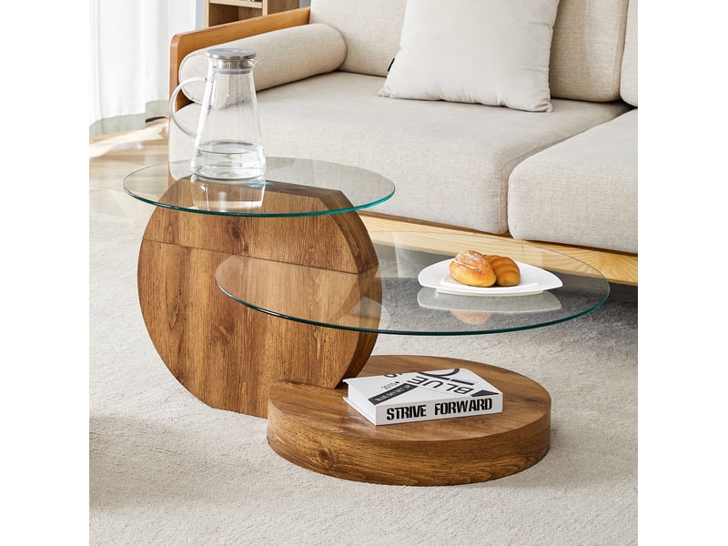  Table basse avec plateaux superposés en verre trempé et rangement, mdf bois, transparente, 78.5 × 78.5 × 24.5 cm  - Conforama D