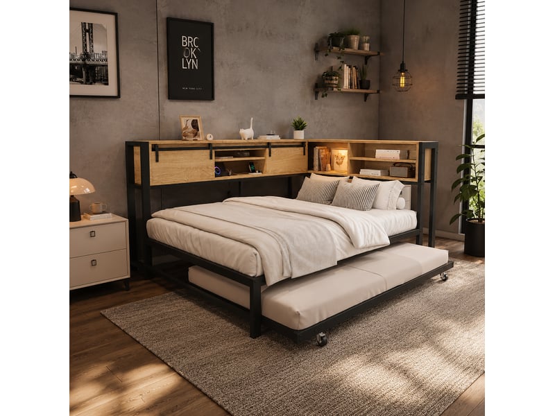  Lit gigogne 120 × 200 cm et 90 × 190 cm, rangement, portes coulissantes et port de recharge, sans matelas, noir naturel  - Conforama C
