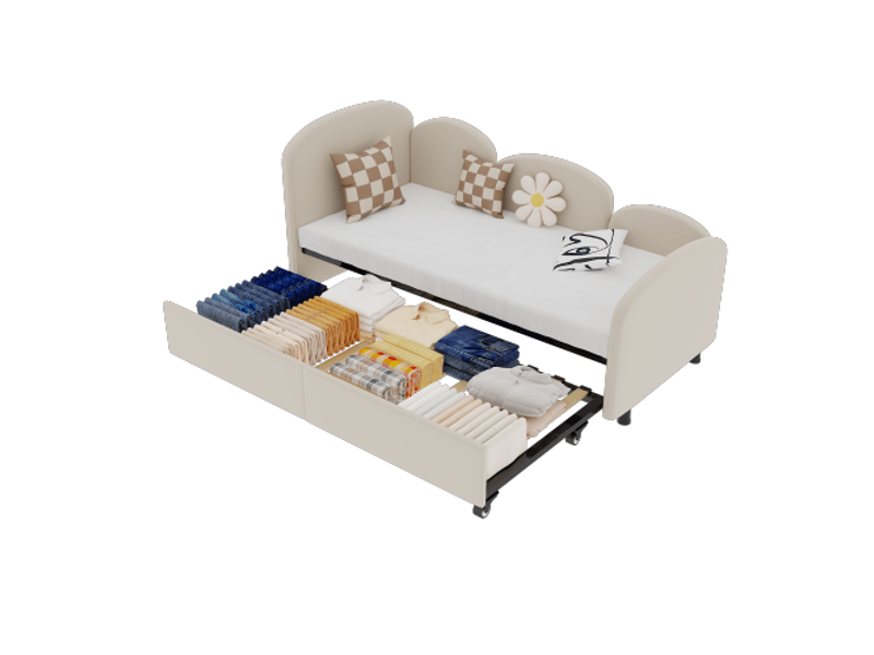  Lit enfant 90x200 cm, avec tiroir et tête de lit, en métal, beige, sans matelas  - Conforama A