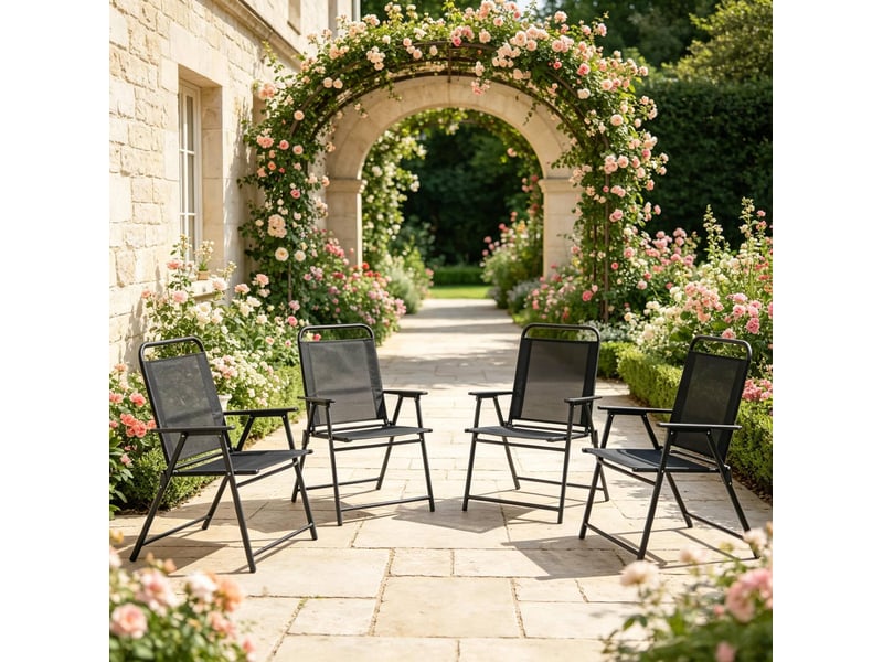  Lot de 4 chaises de jardin pliantes noires en acier et textilène avec accoudoirs  - Conforama B