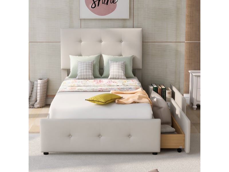  Lit simple 90 x 200 cm avec tête de lit et deux tiroirs ,hauteur de la tête de lit réglable ,beige  - Conforama E