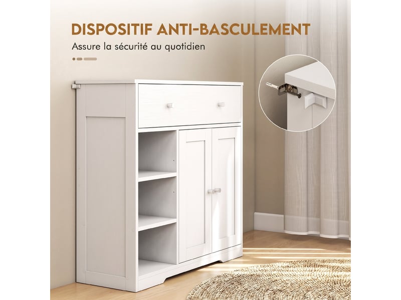  Meuble de salle de bain avec 1 tiroir, 2 portes, 3 compartiments ouverts, style scandinave, 80x30x80,2cm, blanc  - Conforama E