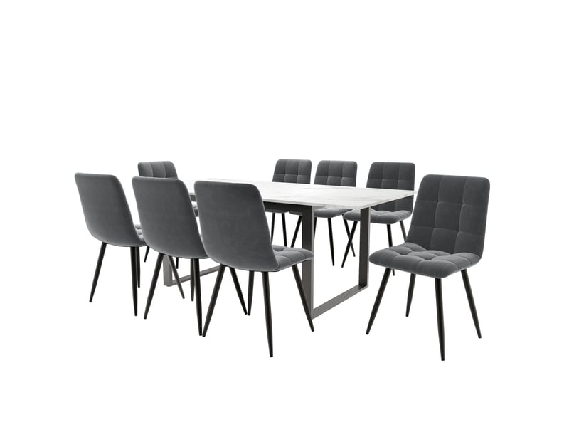  Ensemble table à manger avec 8 chaises, table extensible de 140 à 180 cm, plateau mdf blanc et sièges en velours gris  - Conforama A