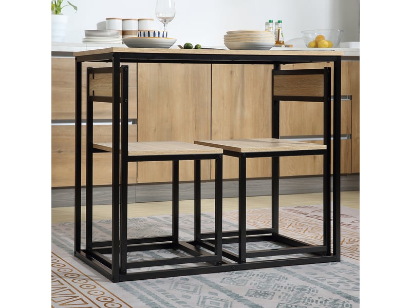  Ensemble table et chaises de salle à manger set de 1 table + 2 chaises encastrables pour cuisine - métal noir aspect chêne clair  - Conforama D