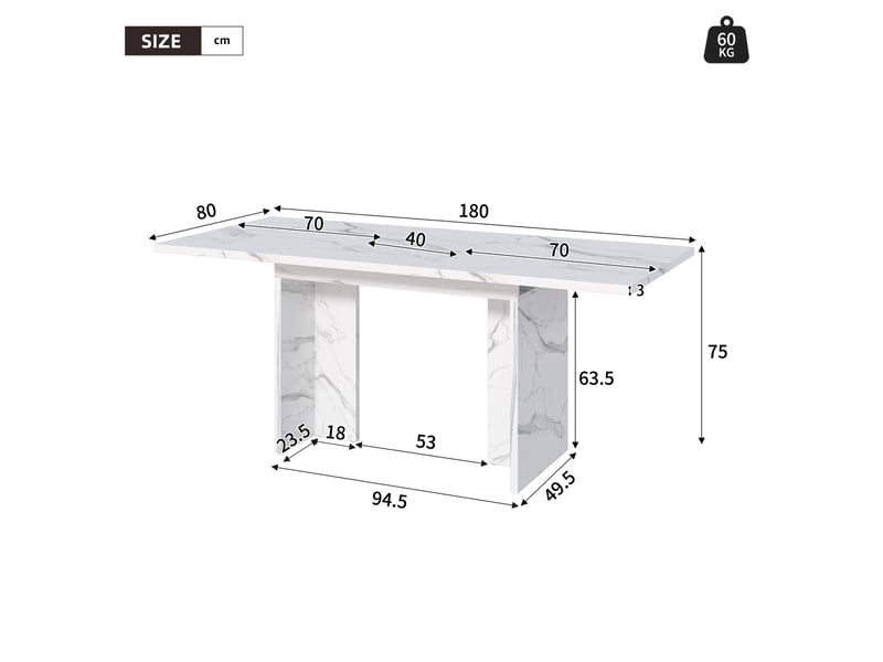  Table extensible 6 à 8 personnes avec rallonge escamotable et plateau épais, en mdf blanc marbre, 140–180 × 80 cm  - Conforama E