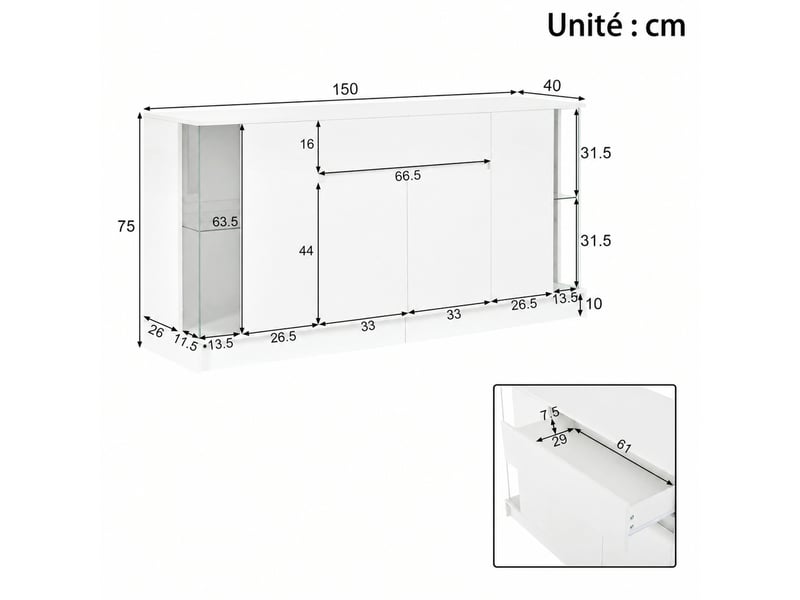Buffet en panneaux de particules avec 6 portes, 1 tiroir et 2 vitrines led 150×40×75 cm blanc - Conforama E
