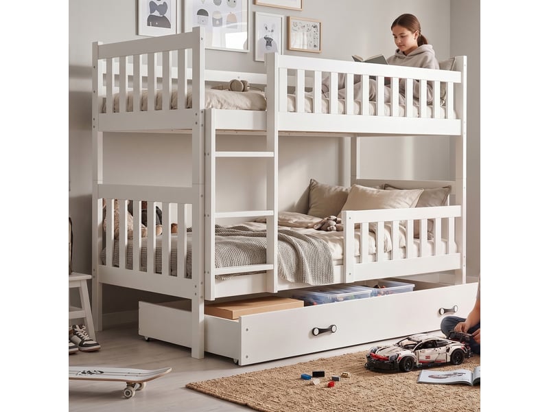  Lit superposé séparable 90x190 cm quba interbeds - bois massif de pin avec barrière, sommier, tiroir - blanc  - Conforama D