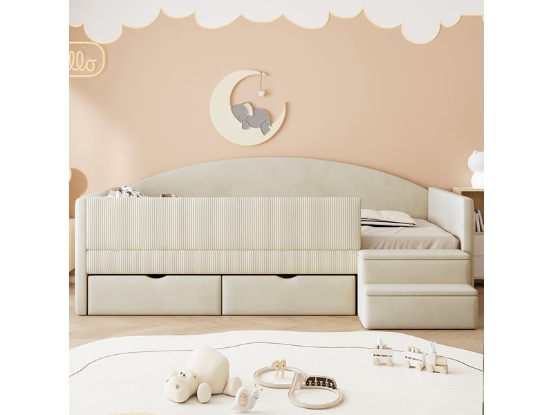 Lit banquette 90 x 190 cm, tiroirs de rangement, marches d’accès, barrières latérales, structure rembourrée, pour la chambre, velours, beige ABC - Conforama D