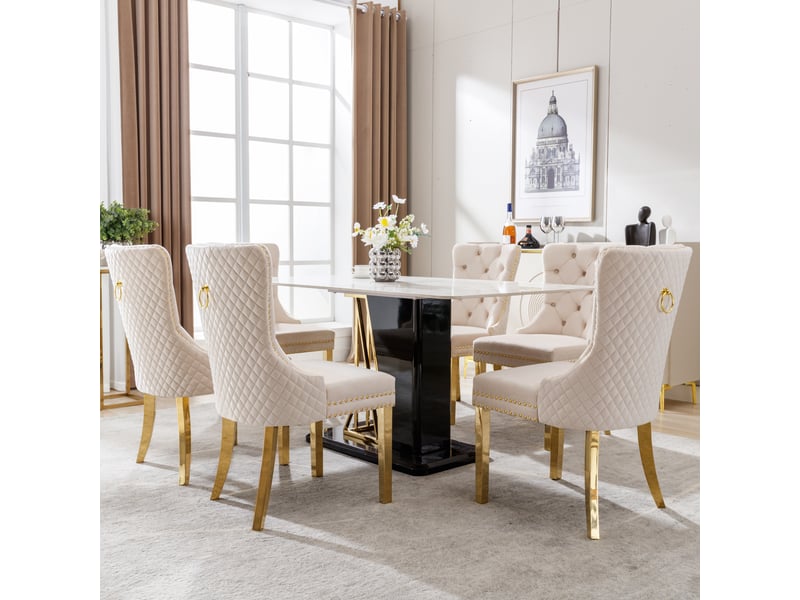  Lot de 6 chaises de salle à manger 65.5x51x95 cm, dossier doux, anneau décoratif arrière, velours, métal, beige, doré  - Conforama W