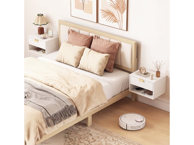  Ensemble de 2 tables de chevet suspendues avec tiroir, façade ondulée et étagère ouverte, design moderne, 40 x 30 x 25 cm, blanc  - Conforama C