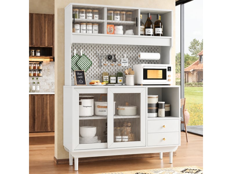 Buffet de cuisine blanc à portes coulissantes en verre strié, 117 x 30 x 170 cm - Conforama E