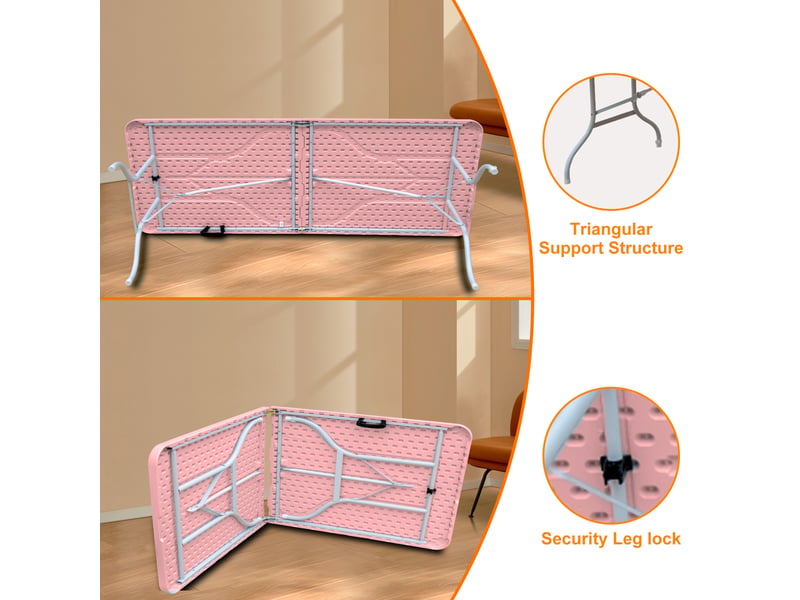 Table de jardin pliante 244 x 76 x 73,6 cm rose en plastique et acier, pour 8 à 10 adultes, avec poignée - Conforama E
