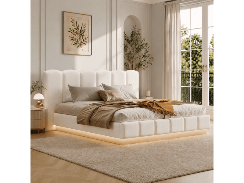  Lit coffre hydraulique double 180x200 cm, avec éclairage led et grand espace de stockage, bouclé, blanc, sans matelas  - Conforama D