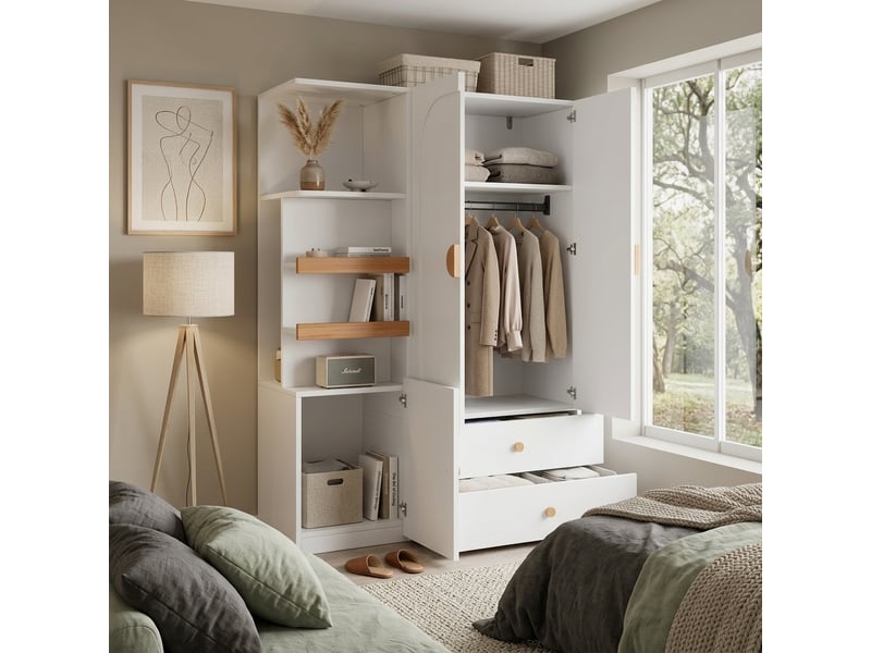  Armoire avec penderie, 2 tiroirs et étagères ouvertes pour chambre et entrée en mdf 125×50×180 cm blanc naturel  - Conforama C
