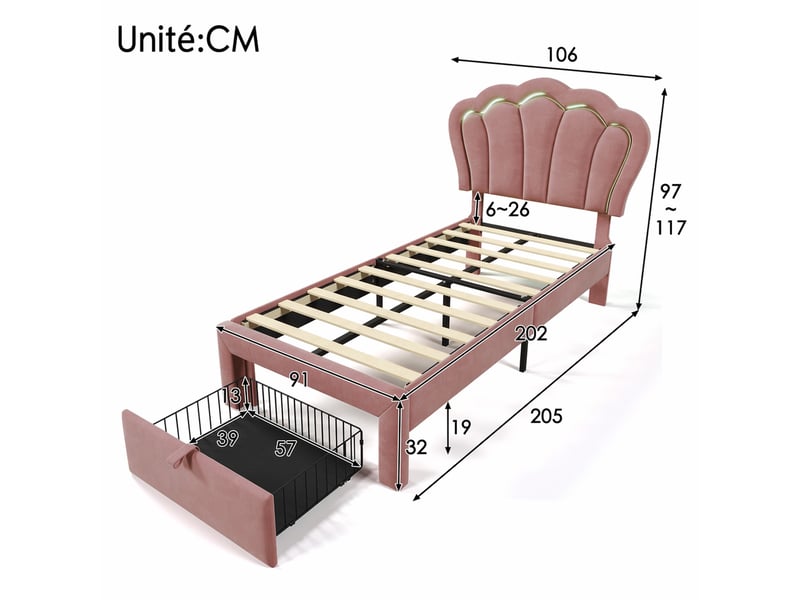  Lit enfant en velours rose, lit simple 90x200 cm avec tiroir, led et tête réglable, sans matelas  - Conforama D
