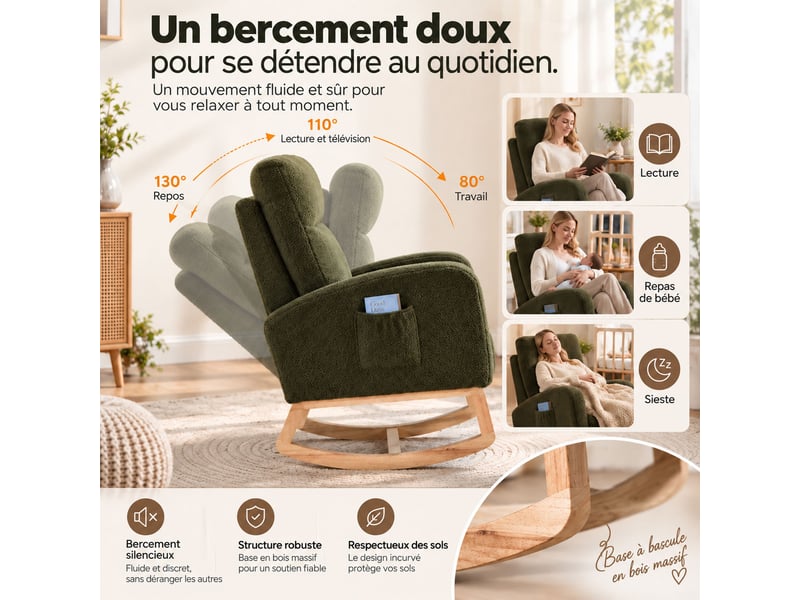  Fauteuil à bascule pour chambre de bébé, tissu teddy, mousse haute densité, cadre bois stable, poche latérale,75*63*104cm,vert  - Conforama C