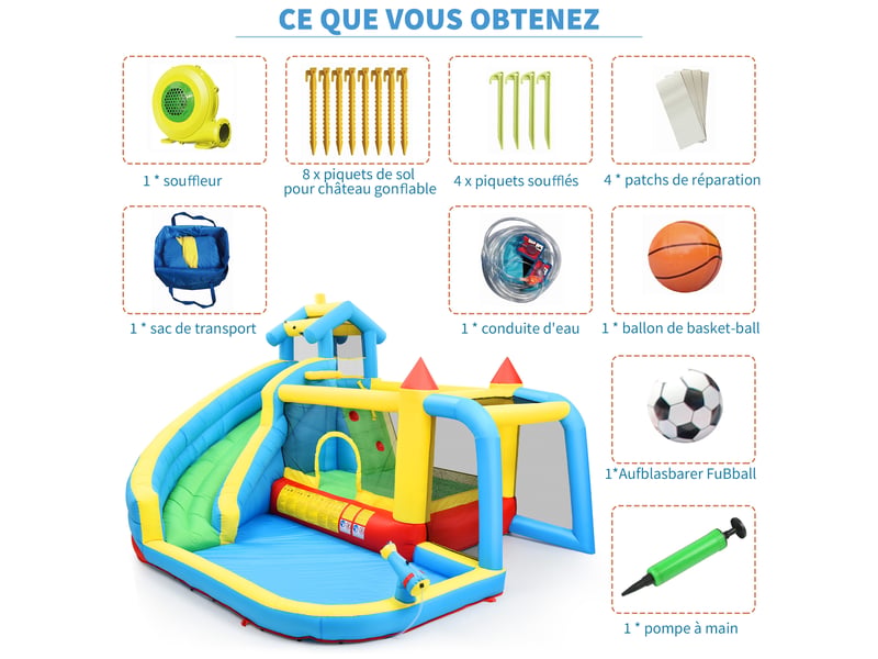AIYAPLAY Château Gonflable Aquatique 9 En 1 – Toboggan, Trampoline, Piscine, Basket, Fléchettes – Avec Souffleur 550 W