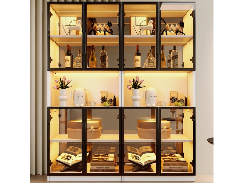  Vitrine vitrée 70 x 30 x 170 cm - blanc - led intégrée, portes en verre gris, fond miroir et rangement  - Conforama B