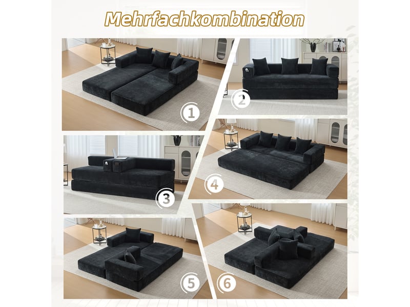 Canapé modulable 2 places 198x79x60 cm convertible en lit 198x159x41 cm, blocs combinables, poches latérales, base antidérapante, chenille noir - Conforama E