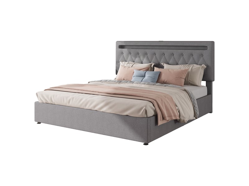  Lit coffre adulte 180x200cm, lit double avec led, usb, tête de lit réglable haut, sommier, tissu lin, gris sans matelas  - Conforama A