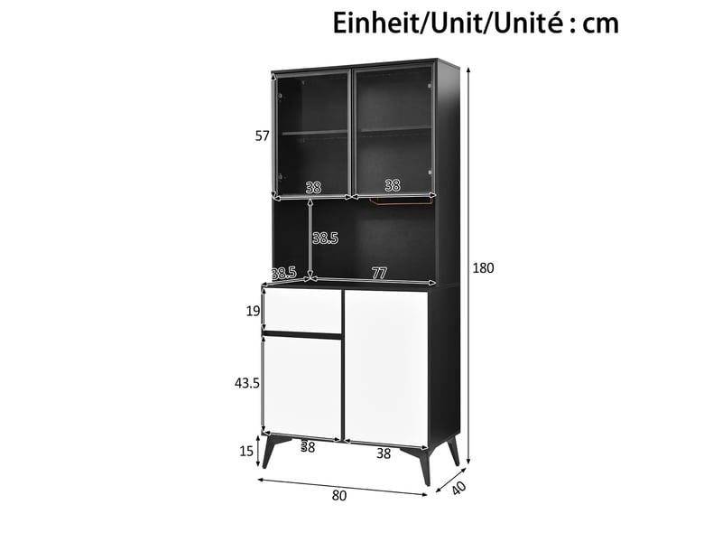  Armoire de cuisine vitrine buffet vaisselier meuble de rangement salle à manger noir et blanc mdf avec éclairage led app  - Conforama C