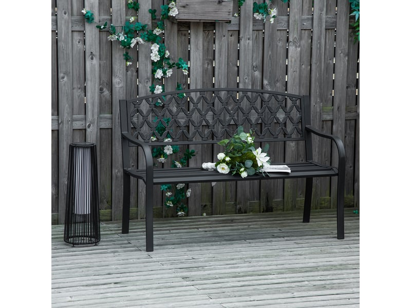  Banc d'extérieur 2 places avec accoudoirs en acier et fonte, 128 x 58,5 x 89 cm, noir  - Conforama B