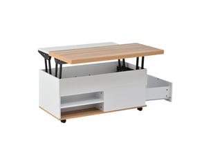 Table basse relevable 100x98 cm avec rangement caché, tiroirs et roulettes, bois et blanc