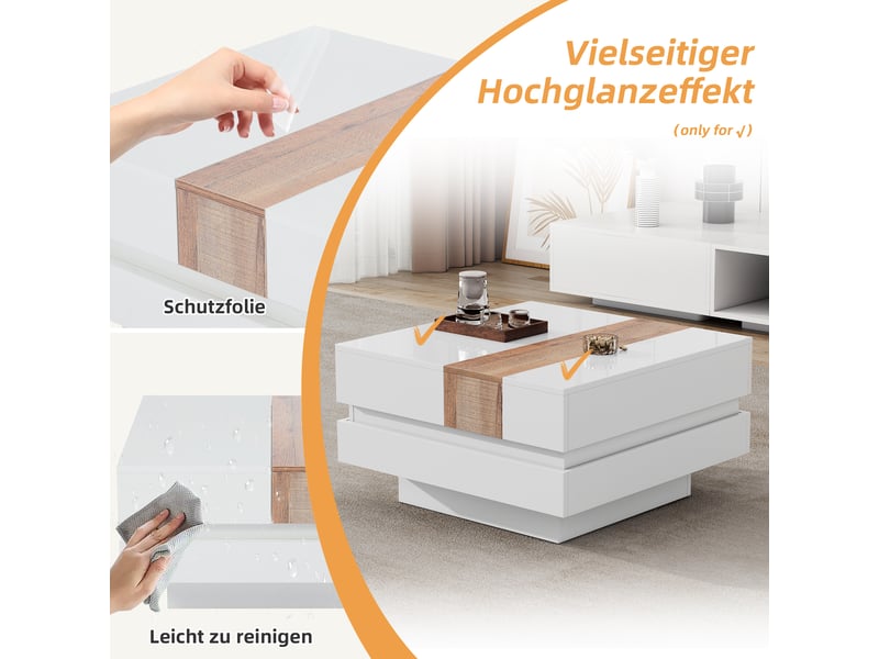  Table basse avec plateau extensible et 2 compartiments cachés, finition brillante, en panneaux de particules, blanc  - Conforama E