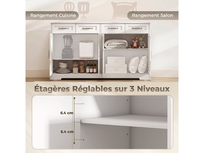  Buffet cuisine avec tiroirs, portes, étagères réglables, style shaker, dispositif anti-basculement, blanc, 140x38x80cm  - Conforama R