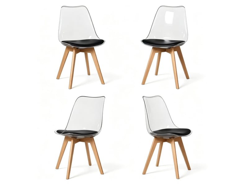  Chaise de salle à manger lot de 4 avec assise rembourrée, dossier fixe et pieds en bois, en similicuir noir  - Conforama A