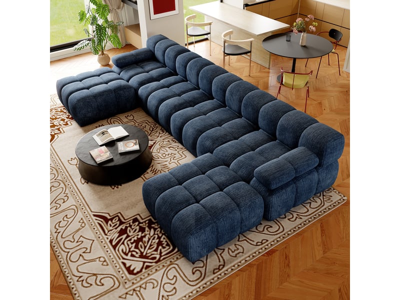  Canapé d'angle en u 4 places, 400 cm, sans montage, mousse compressée, pour salon et appartement, bleu  - Conforama B
