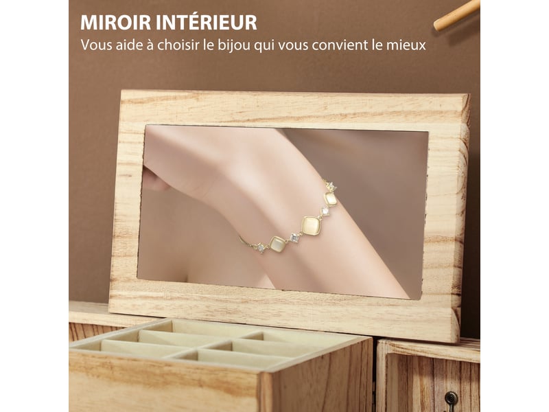  Boîte à bijoux 4 niveaux avec miroir et 2 tiroirs en bois marron 26,5 x 16 x 33,5 cm  - Conforama E