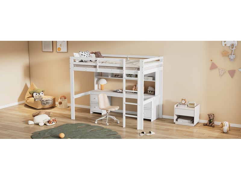 Lit superposé 90x200 cm avec bureau et rangements blanc en bois de pin structure haute sécurité Sol Morn - Conforama B