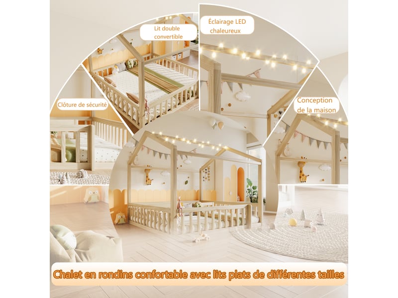  Lit cabane enfant modulable 2 x 90x190 cm ou 180x190 cm, barrières, éclairage led et sommiers, pin naturel, sans matelas  - Conforama D
