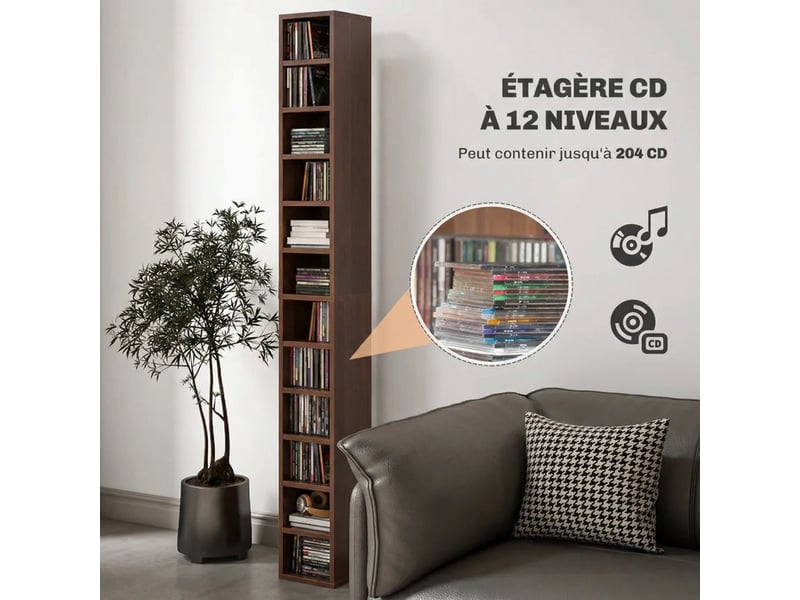  Colonne de rangement cd dvd haut et mince 21 x 20 x 175 cm gain d'espace anti basculement style moderne en mdf marron 21_0001694  - Conforama C