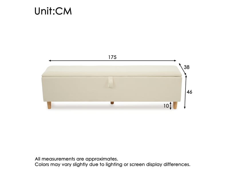  Banc coffre 175x38 cm avec rangement hydraulique, assise rembourrée, revêtement côtelé beige, pour chambre, salon  - Conforama C