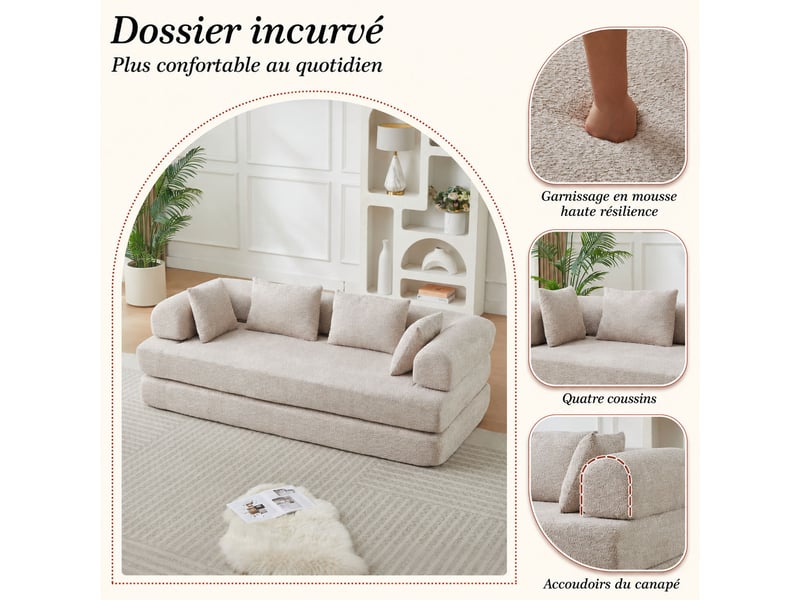 Canapé convertible modulable 2 places 4-en-1 200 x 95 x 68 cm, dossier réglable, sans montage, 4 coussins, tissu chenille kaki  - Conforama E