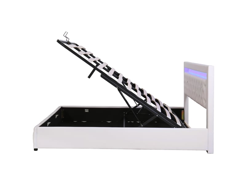  Lit rembourré 180 x 200 cm, lit fonctionnel avec sommier à lattes et espace de rangement, éclairage led, blanc, pu  - Conforama D