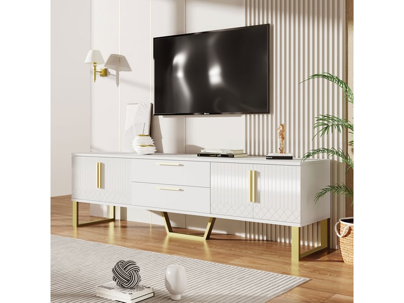  Meuble tv blanc brillant 170 cm avec poignées dorées et 4 portes  - Conforama C